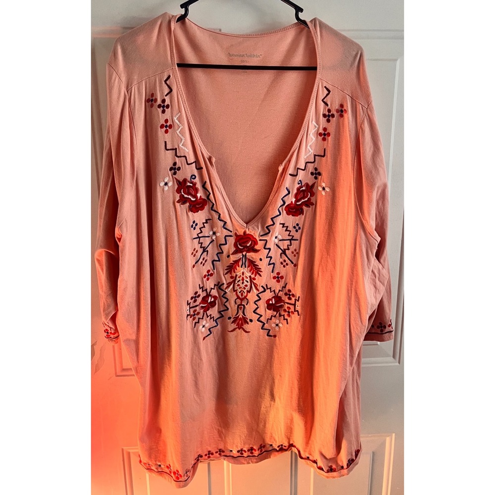Woman Within Coral Embroidered‎ V Neck Tunic Top 3X